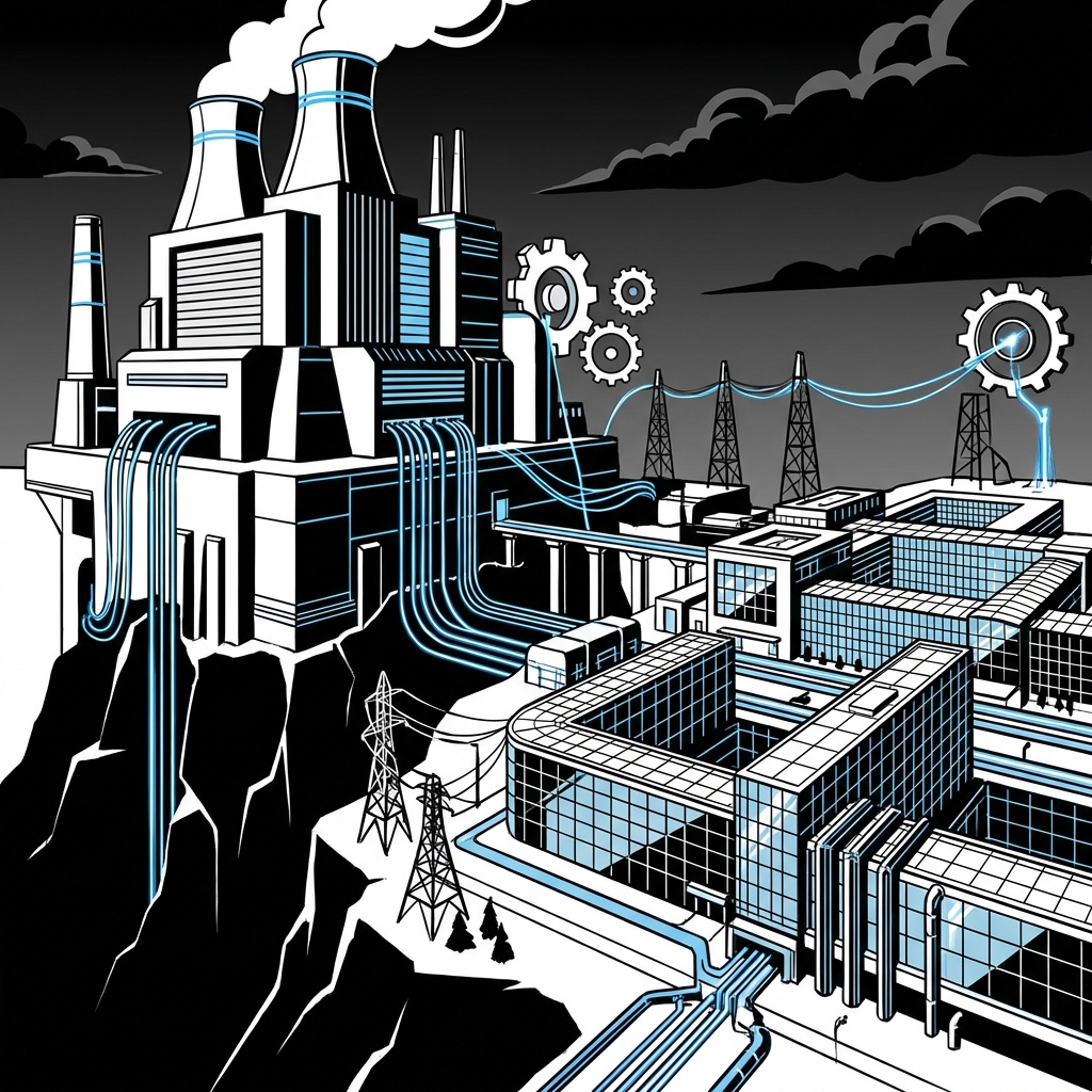 A conceptual illustration of a large technology company building a private power plant, modern industrial design, high contrast, aspect ratio 1:1, no visible text