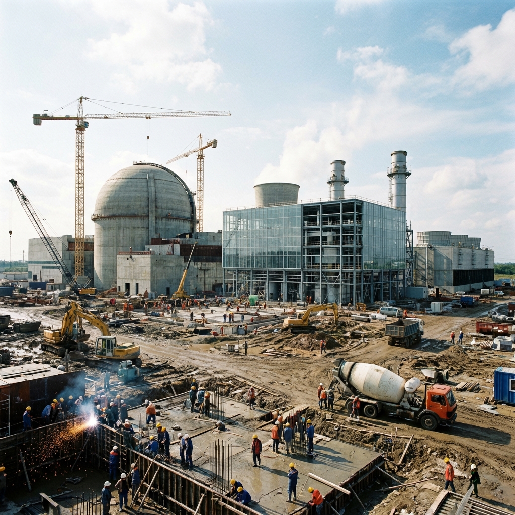 A busy construction site of a modern gas and nuclear power plant, professional photography style, bright lighting, aspect ratio 1:1, no visible text