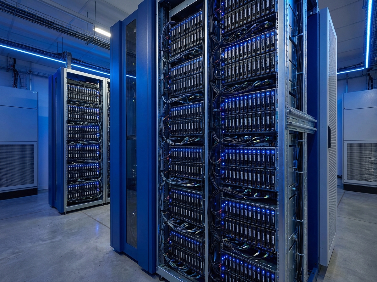Rows of hard disk drives stacked in a professional server rack environment, data center atmosphere, blue and silver color palette, 4:3 aspect ratio, no visible text
