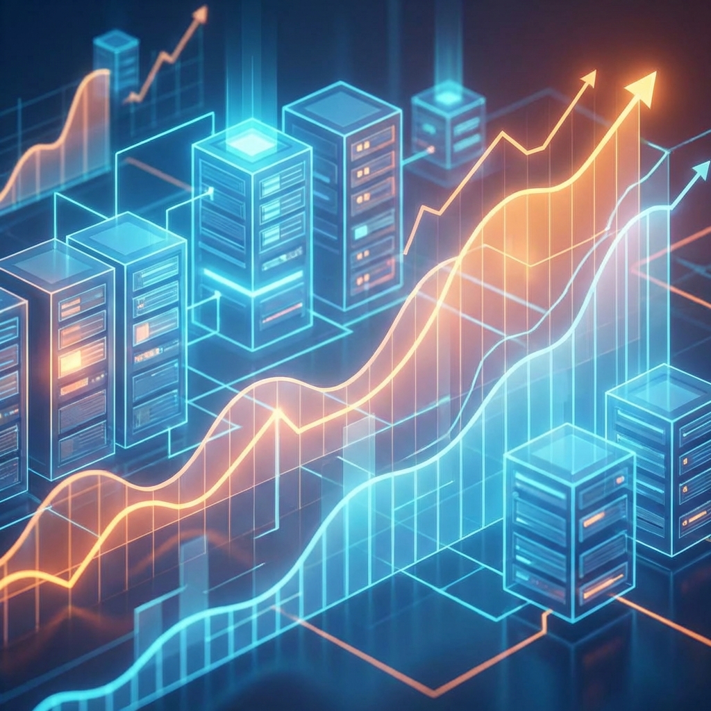 An abstract visualization of AI data servers and rising energy demand graphs, glowing blue and orange colors, aspect ratio 1:1, no visible text
