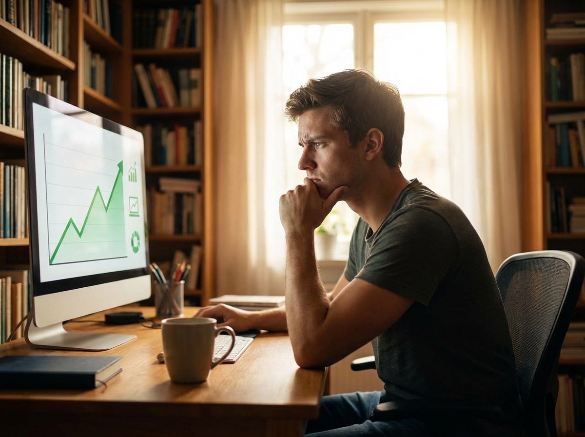 A young man looking at a digital monitor showing rising price charts for hardware, worried expression, cozy home office setting, cinematic lighting, 4:3 aspect ratio, no visible text