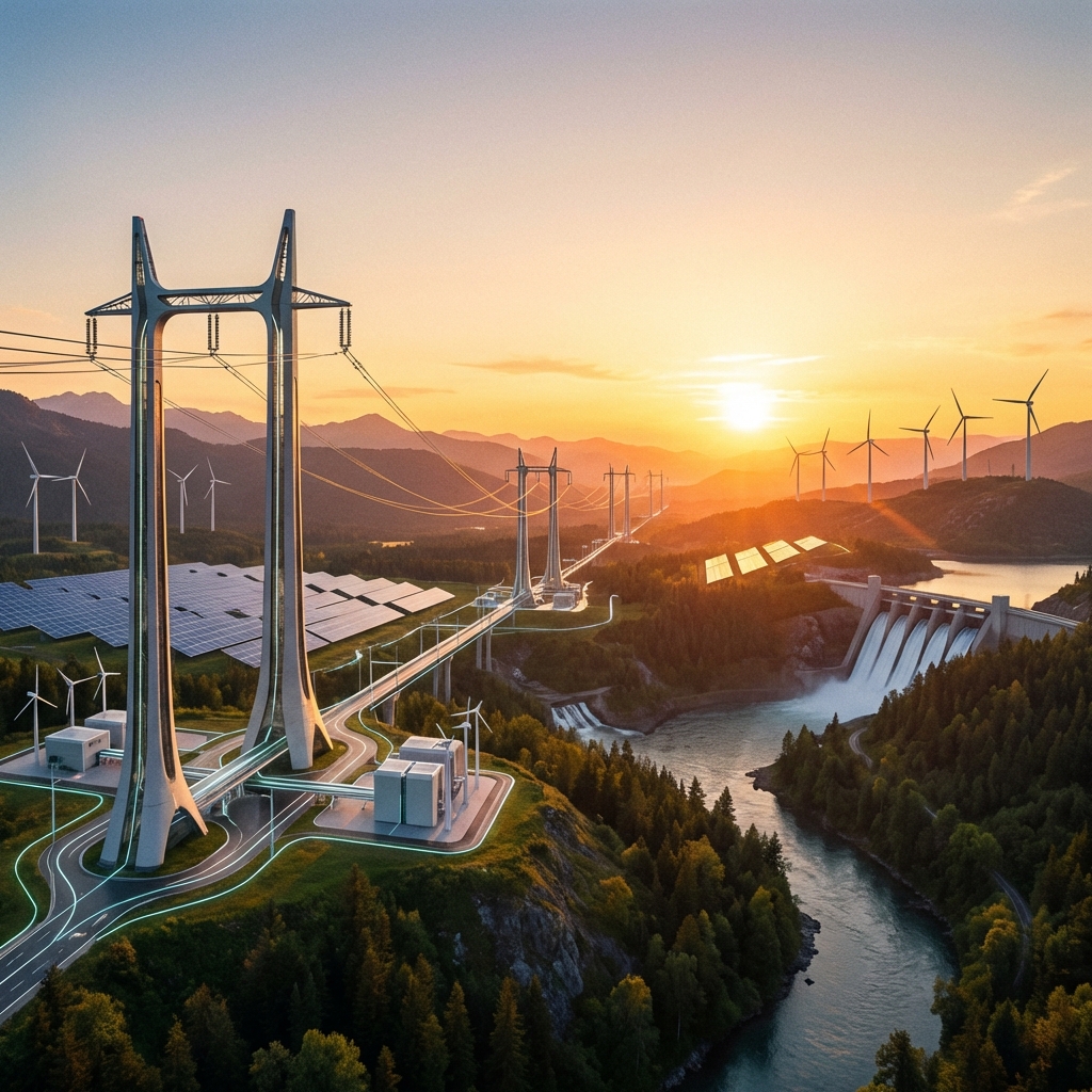 A panoramic view of a modernized power grid spanning across a vast landscape, sunset lighting, high detail, aspect ratio 1:1, no visible text