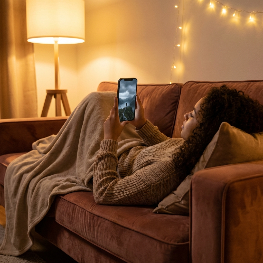 A young person relaxing on a comfortable sofa at night, holding a smartphone showing a dramatic vertical video scene, warm ambient lighting, lifestyle photography, 1:1, no text