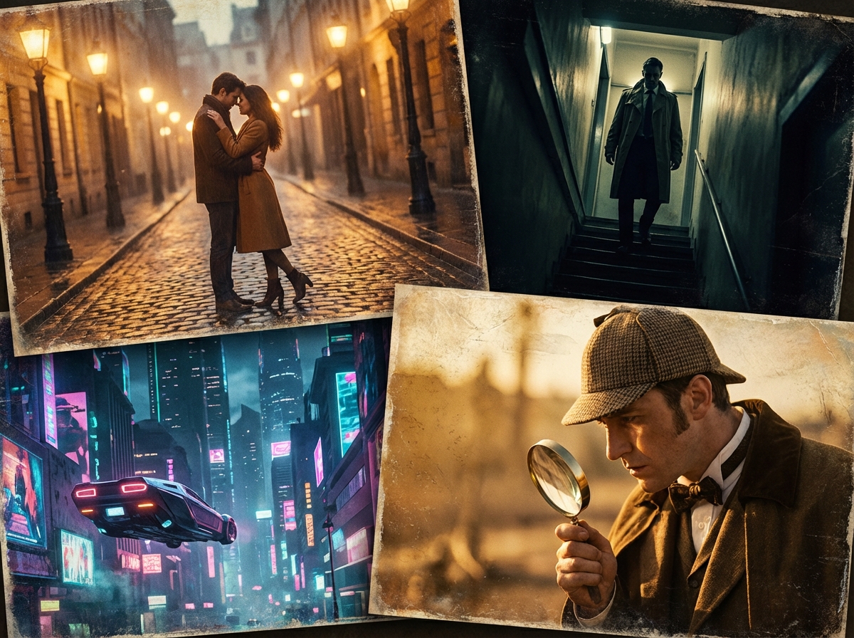 A collage of cinematic scenes representing various genres like romance and thriller, rich textures, dramatic lighting, modern digital art style, 4:3, no text