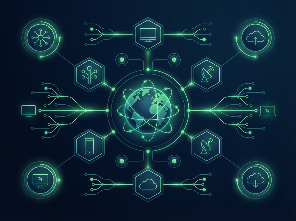 A modern infographic-style illustration showing global connectivity and media growth, glowing digital elements, dark blue and neon green palette, professional layout, 4:3, no text