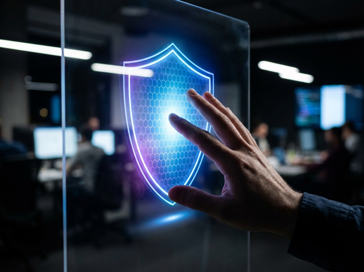 A close up of a human hand touching a glowing digital shield on a transparent screen, modern workplace setting, high contrast, 4:3, no visible text