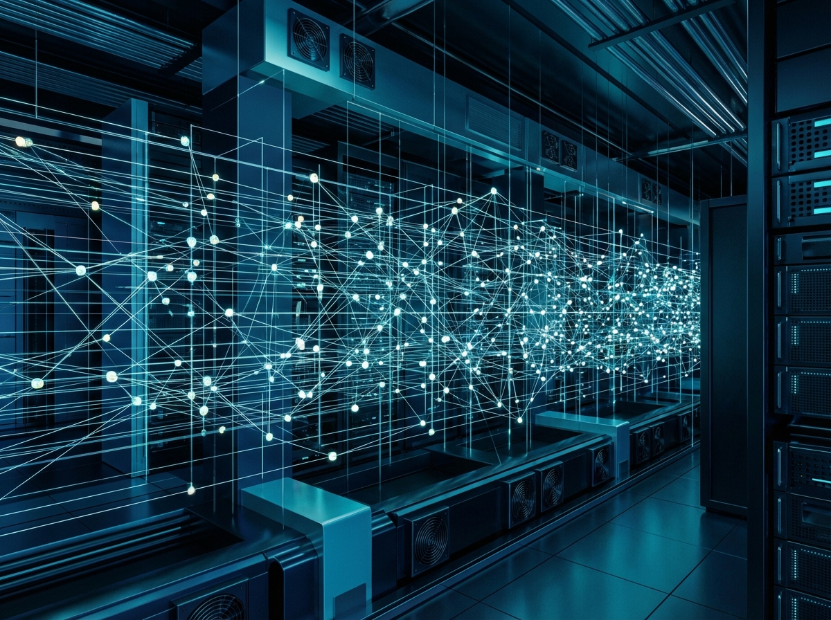 A modern 3D rendering of a vast digital database hosted in the cloud. Glowing data nodes connected by light lines, high-tech infrastructure, dark blue and cyan color palette, professional and clean style, 4:3 aspect ratio, no text.