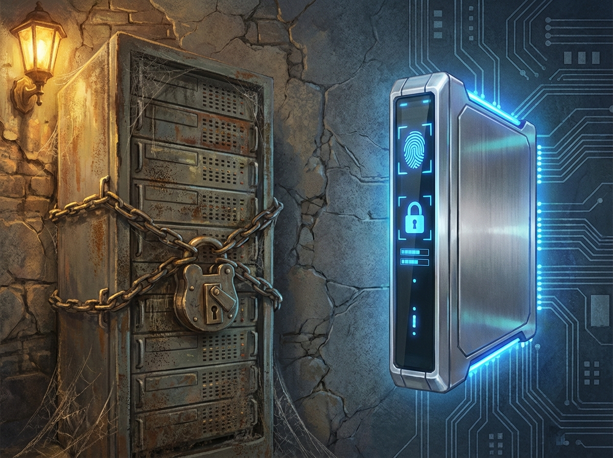 An artistic illustration comparing a dusty old server rack with an ancient mechanical lock versus a modern sleek server with a glowing digital fingerprint scanner. Warm light on the old side, cool light on the new side, textured background, 4:3 aspect ratio, no text.