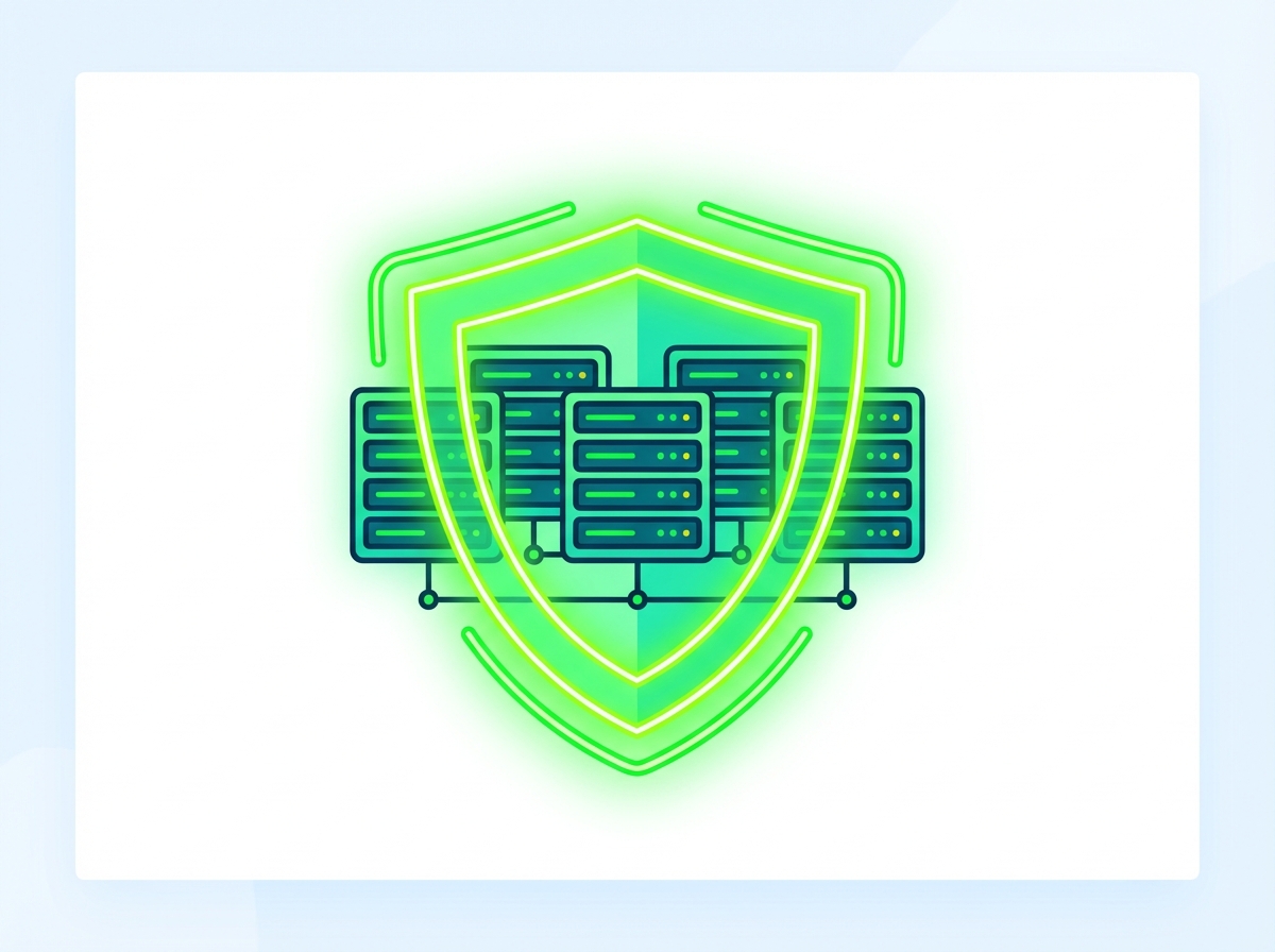 A clean and bright image of a digital shield icon protecting a cluster of server icons. Glowing green outlines indicating safety, high contrast, modern flat design elements, vibrant atmosphere, 4:3 aspect ratio, no text.