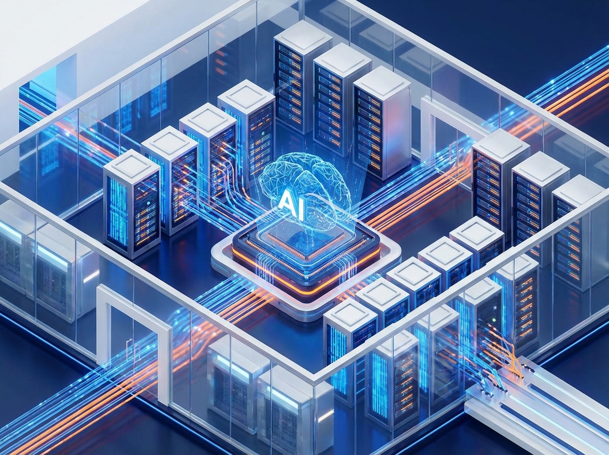 An informational illustration of a high-tech data center with glowing blue and orange lights, representing AI processing power. Modern and professional aesthetic, clean layout, 4:3 aspect ratio, no visible text.