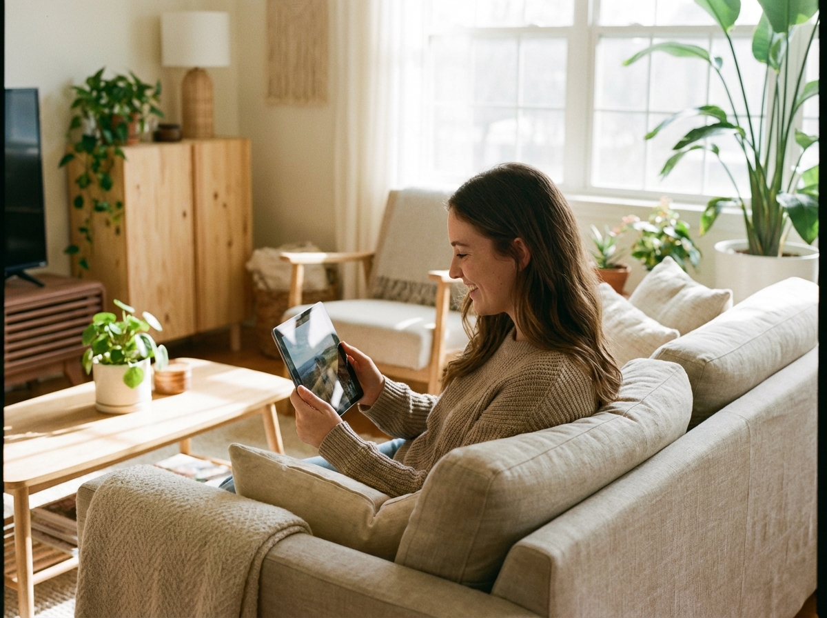 A lifestyle photography of a young professional smiling while looking at a tablet screen in a bright, natural living room setting. Soft lighting, authentic feel, 4:3 aspect ratio, no visible text.
