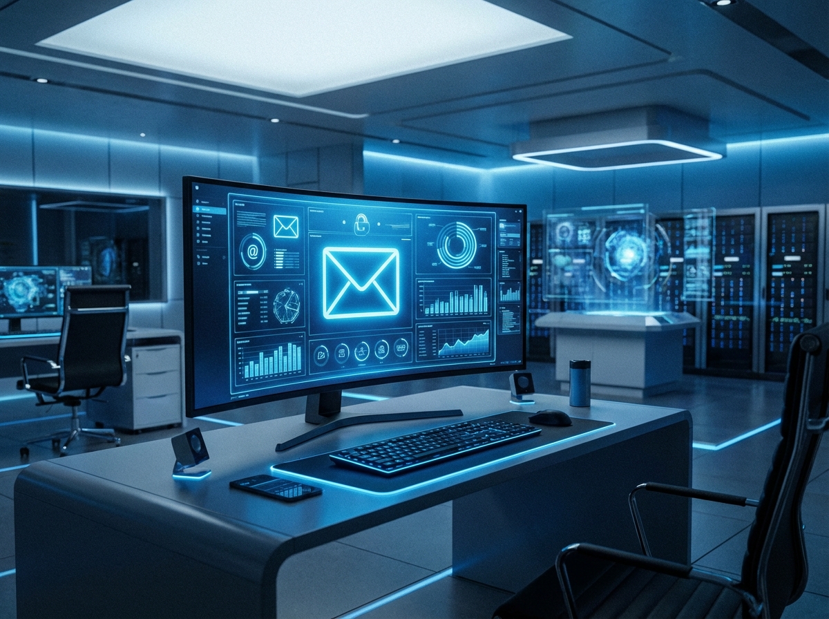A professional digital office setting with a computer monitor showing a modern email dashboard, glowing blue icons, high-tech atmosphere, no text, aspect ratio 4:3