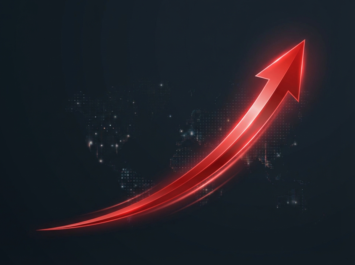 A clean infographic showing a sharp red arrow curving steeply upwards on a dark background, representing a sudden and massive price increase, no text, aspect ratio 4:3