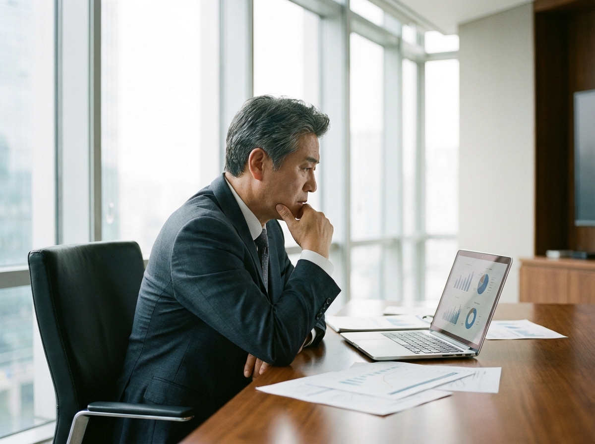 A Korean business owner in a modern office looking at a laptop screen with a concerned expression, soft natural lighting, realistic photography, aspect ratio 4:3