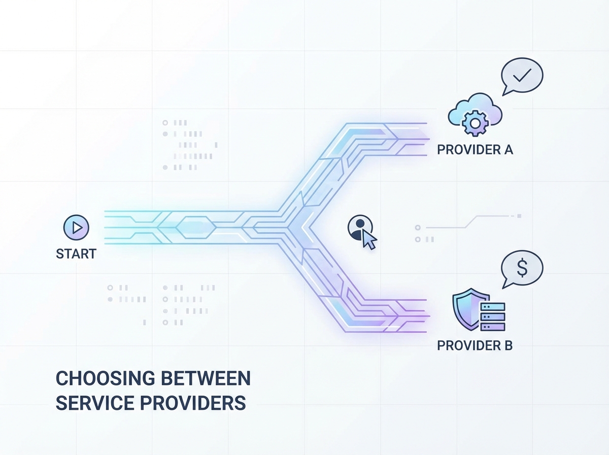 A conceptual illustration of a digital path splitting into two directions, representing choosing between different service providers, clean layout, professional style, aspect ratio 4:3