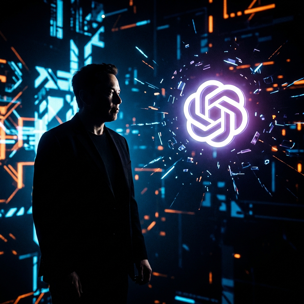 Elon Musk and OpenAI logo on a futuristic digital background representing tech conflict, high contrast, cinematic lighting, 1:1, no visible text