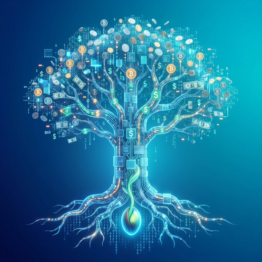 A 3D infographic showing a small seed growing into a massive digital tree made of data and money, modern design, gradient background, 1:1, no visible text