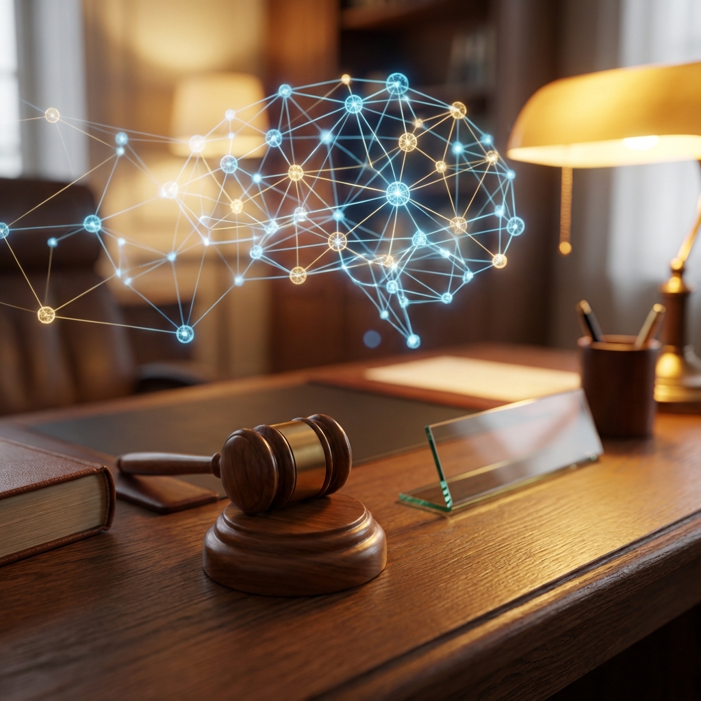A legal gavel on a desk with a glowing holographic neural network in the background, professional atmosphere, warm lighting, 1:1, no visible text