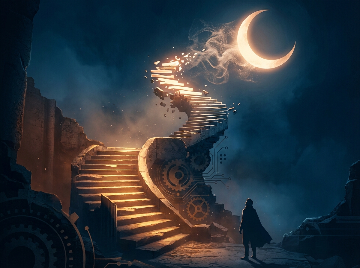 A conceptual illustration of a grand staircase leading to a glowing moon, but the stairs are broken and fragmented near the top, symbolizing the potential stall in AI progress, dramatic lighting, deep blue and orange tones, cinematic composition, 4:3 aspect ratio, no text.
