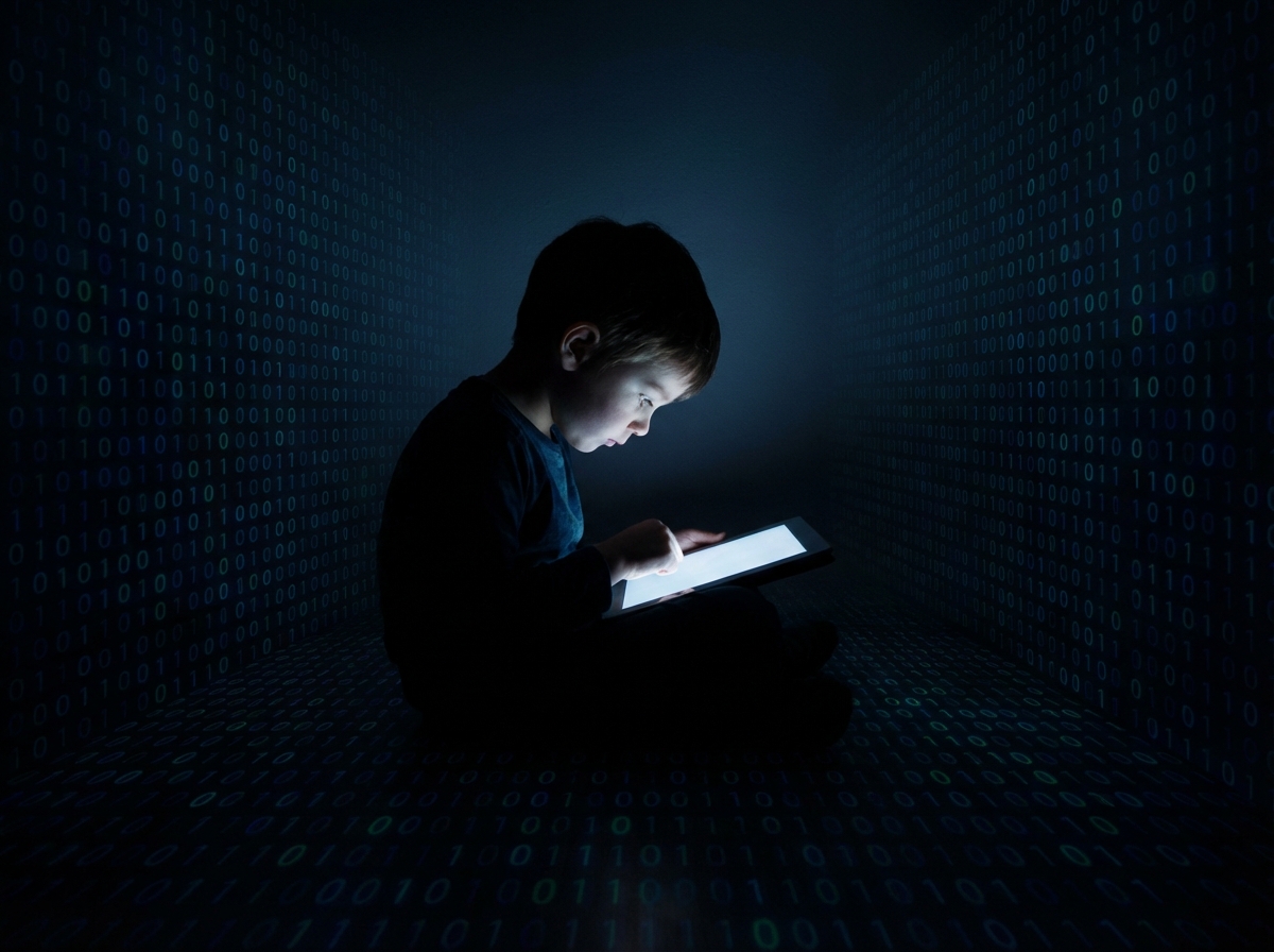 A conceptual high-quality photo showing a child silhouette looking at a glowing tablet screen in a dark room with binary code patterns overlaying the shadows, representing digital vulnerability, no text, 4:3 ratio