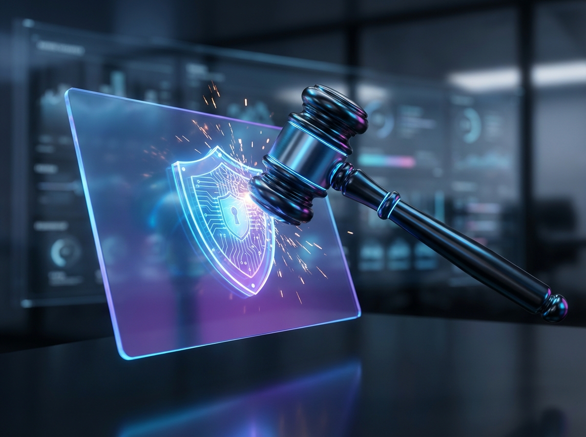 A symbolic image of a digital gavel hitting a holographic screen with a shield icon, representing tech regulation and protection laws, high contrast professional style, no text, 4:3 ratio