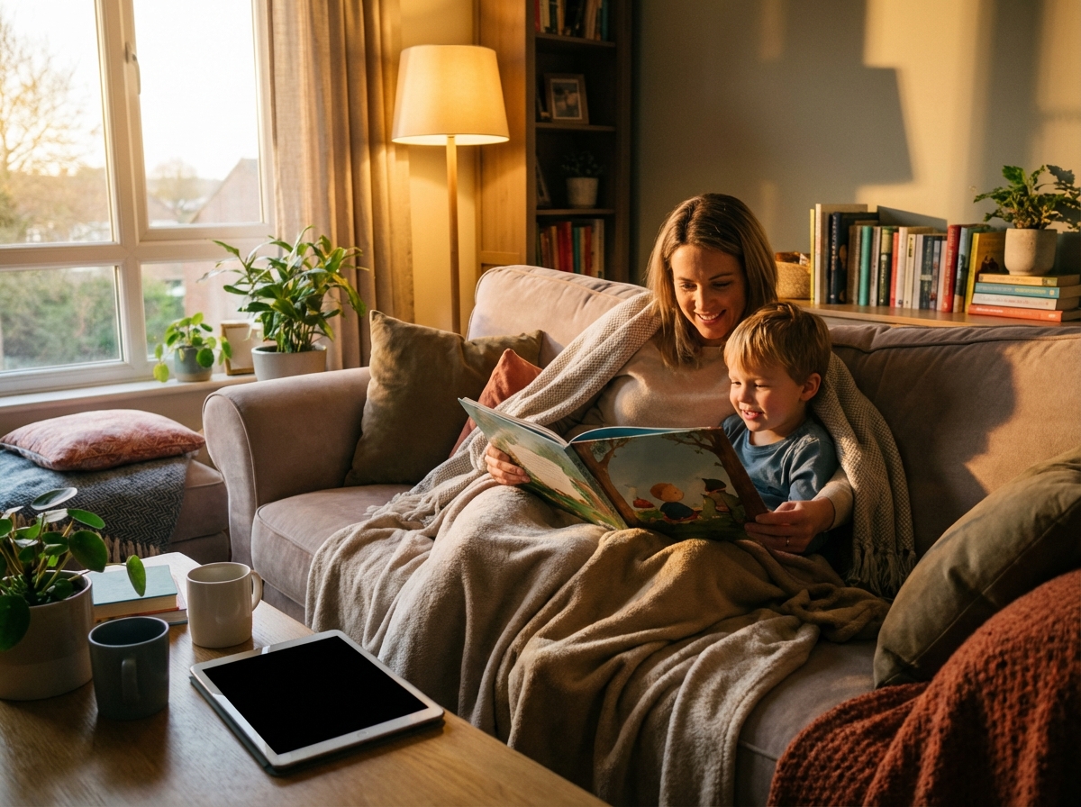A high-quality lifestyle photo of a parent and child sitting together safely looking at a book with a tablet turned off nearby, warm lighting, cozy home atmosphere, no text, 4:3 ratio