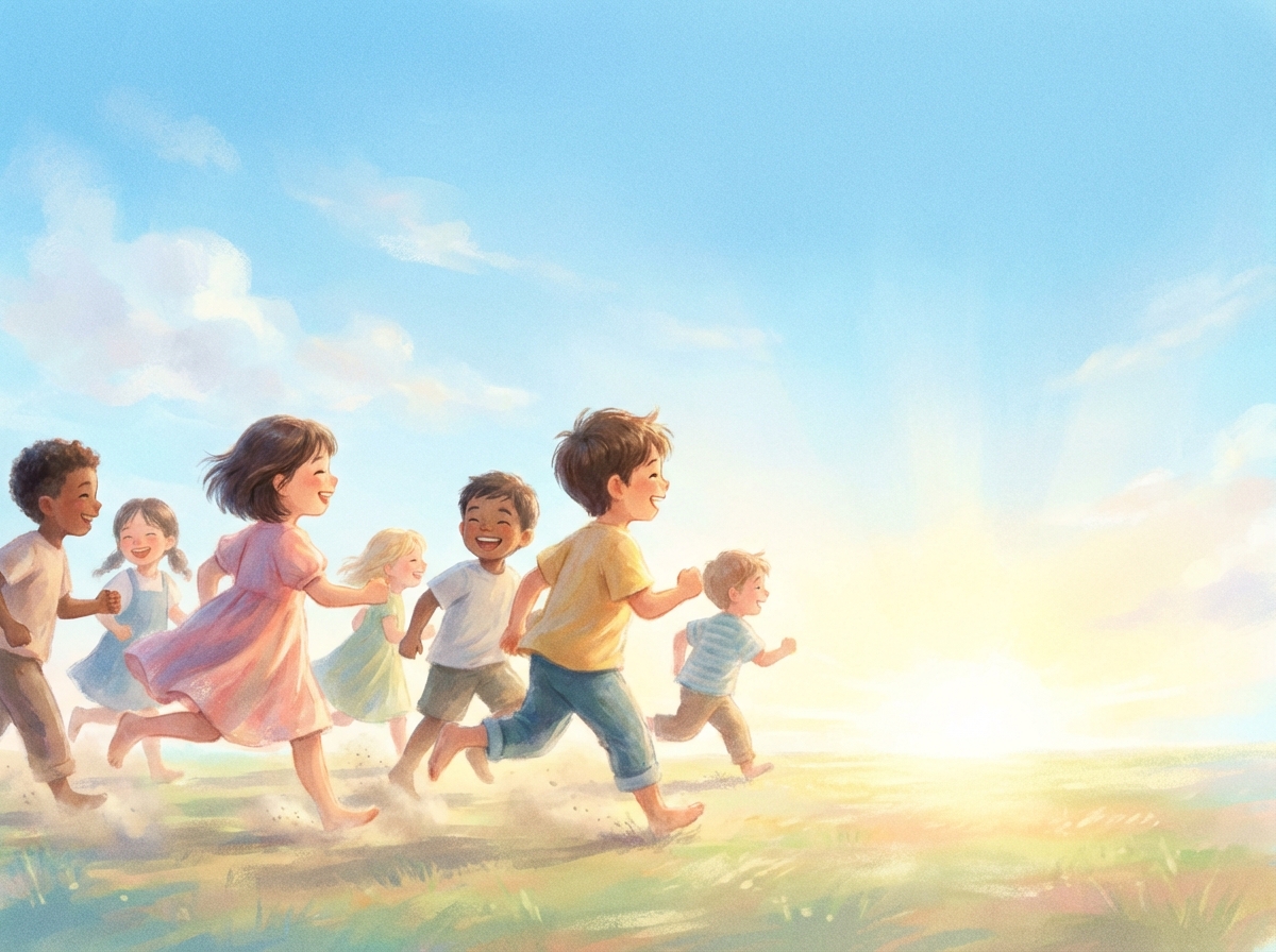A hopeful image of a group of children running toward a bright horizon under a clear blue sky, artistic rendering with soft textures, representing a safe future, no text, 4:3 ratio
