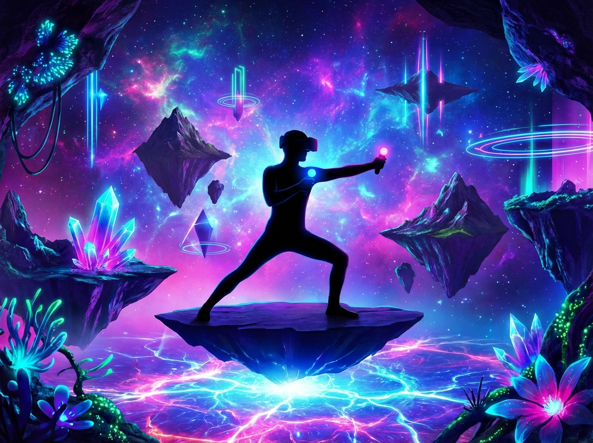 A beautiful virtual reality landscape with mountains and floating elements, a silhouette of a person exercising with glowing controllers, vibrant colors, 4:3 aspect ratio, no text.
