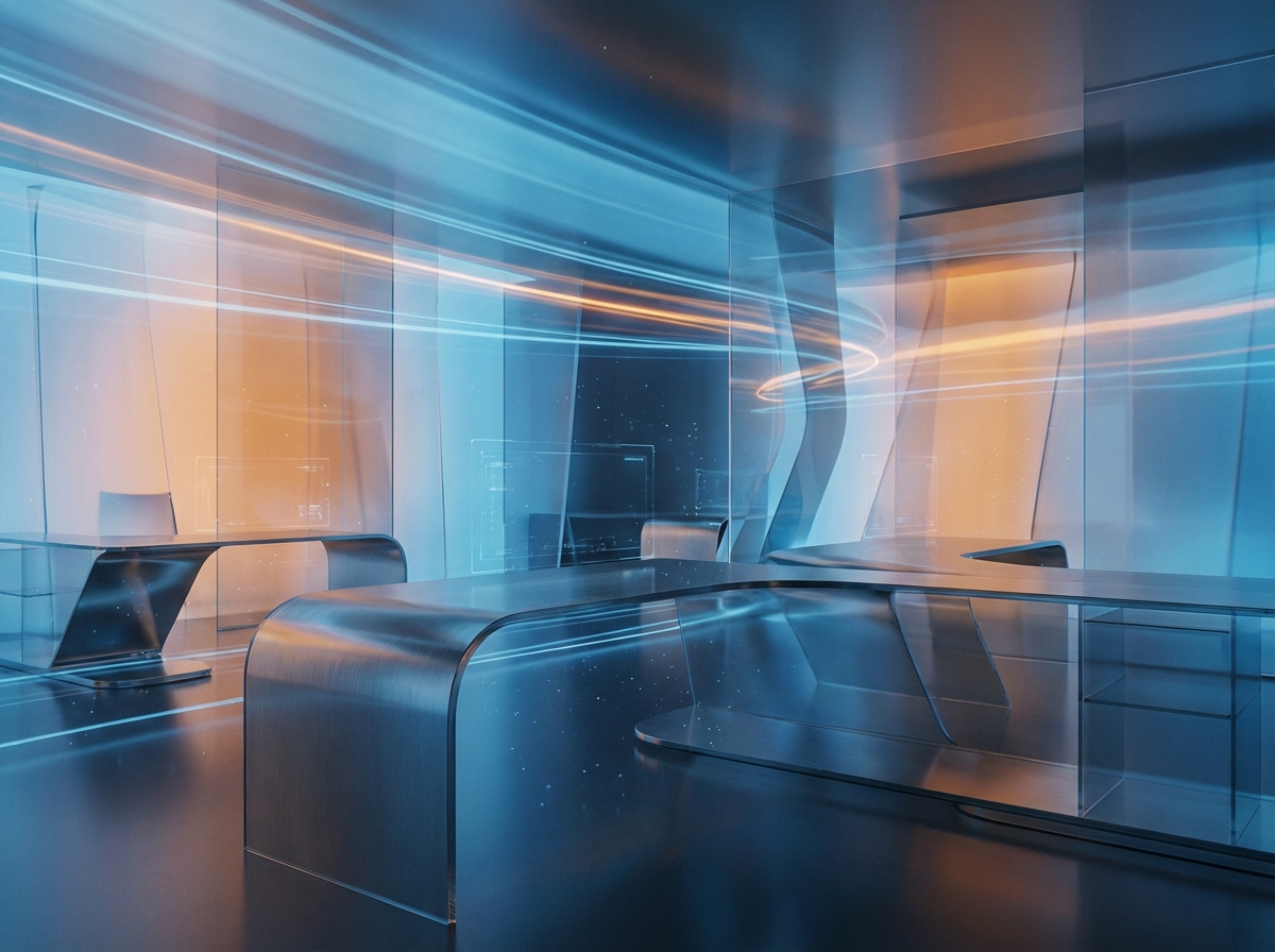 An abstract high-tech office with cool blue and orange tones, quiet and empty desks, representing a period of transition and change, professional layout, 4:3 aspect ratio, no text.