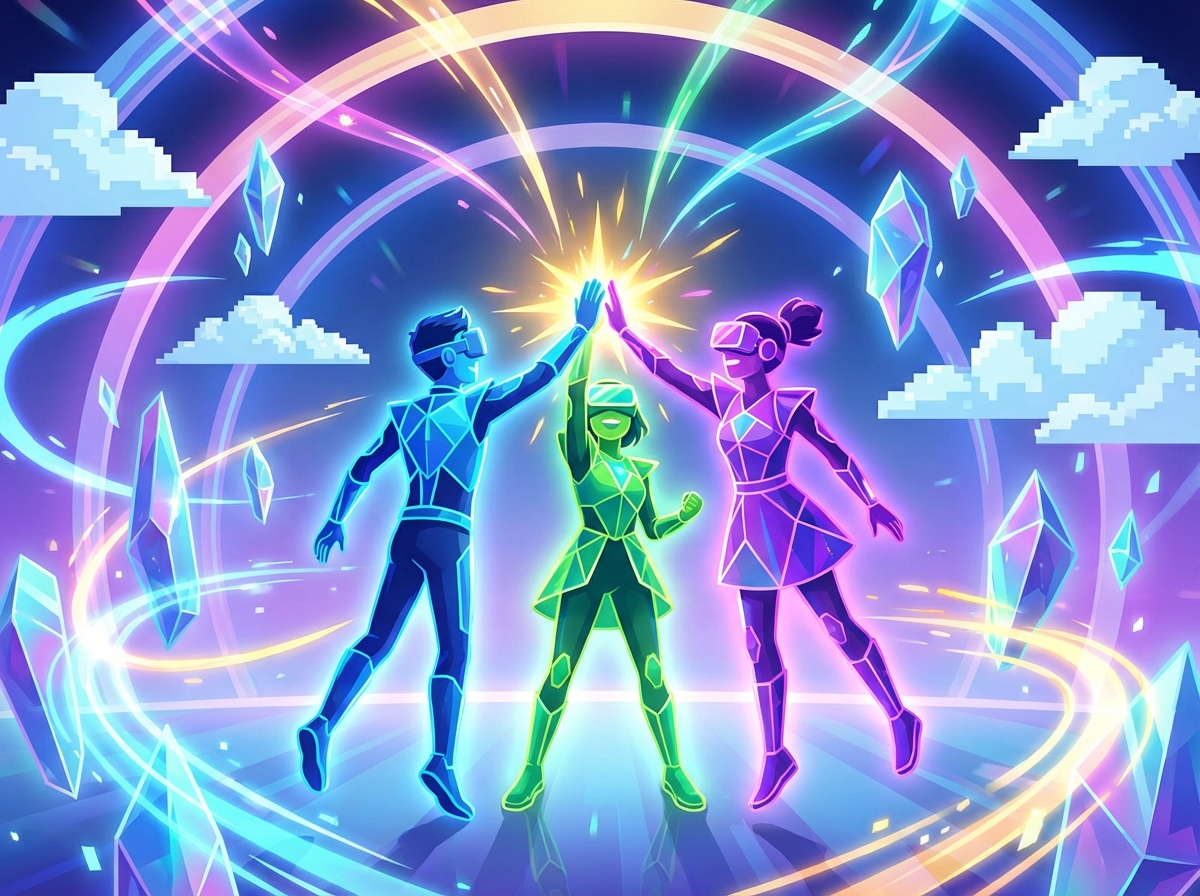 Three stylized VR avatars high-fiving each other in a colorful and energetic virtual world, glowing effects, celebration and community spirit, 4:3 aspect ratio, no text.