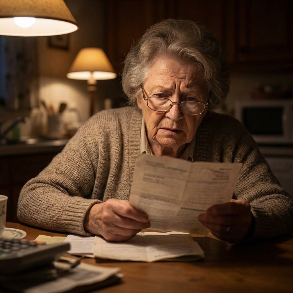 A realistic photo of an elderly woman looking concerned while holding a high-priced electricity bill in a dimly lit kitchen, warm but somber lighting, high quality, 1:1 aspect ratio, no visible text