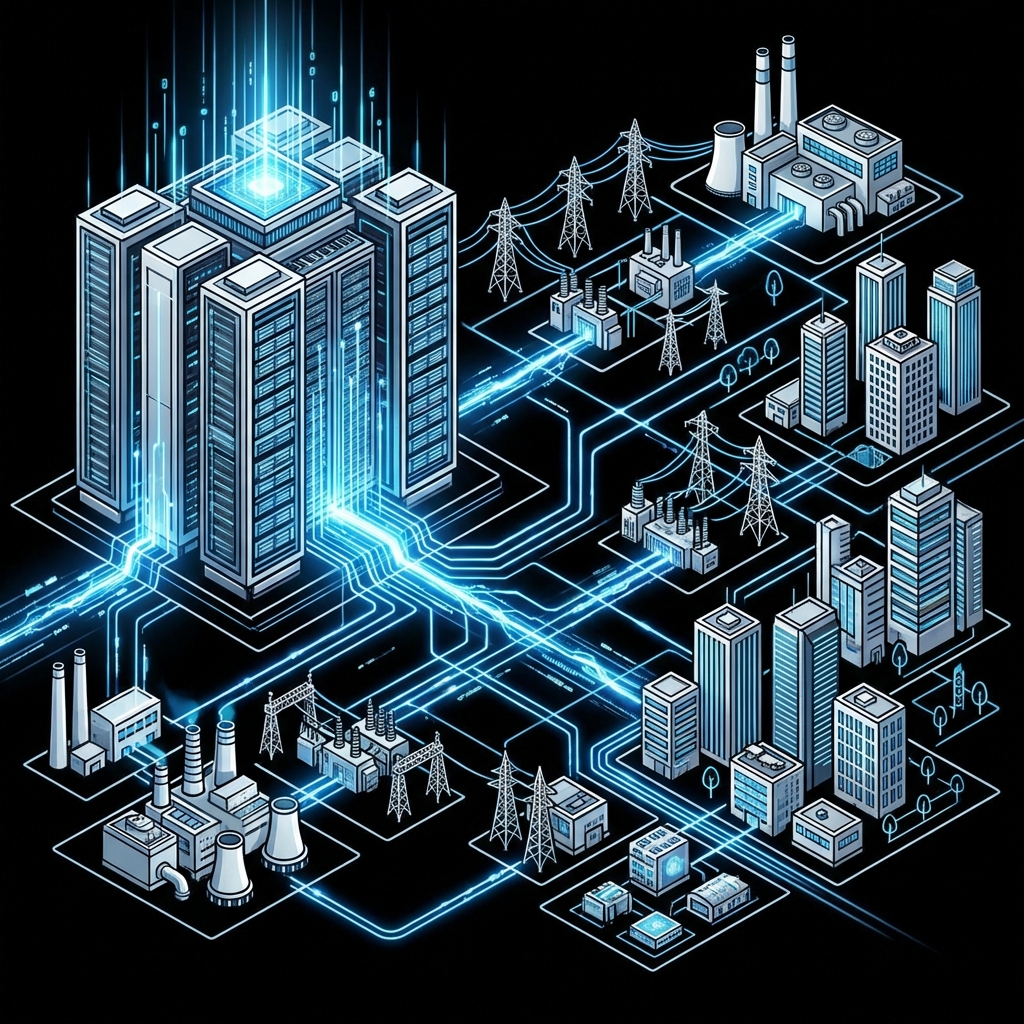A modern infographic style illustration showing a massive high-tech data center connected to a city power grid, glowing blue energy lines, high contrast, clean layout, 1:1 aspect ratio, no visible text