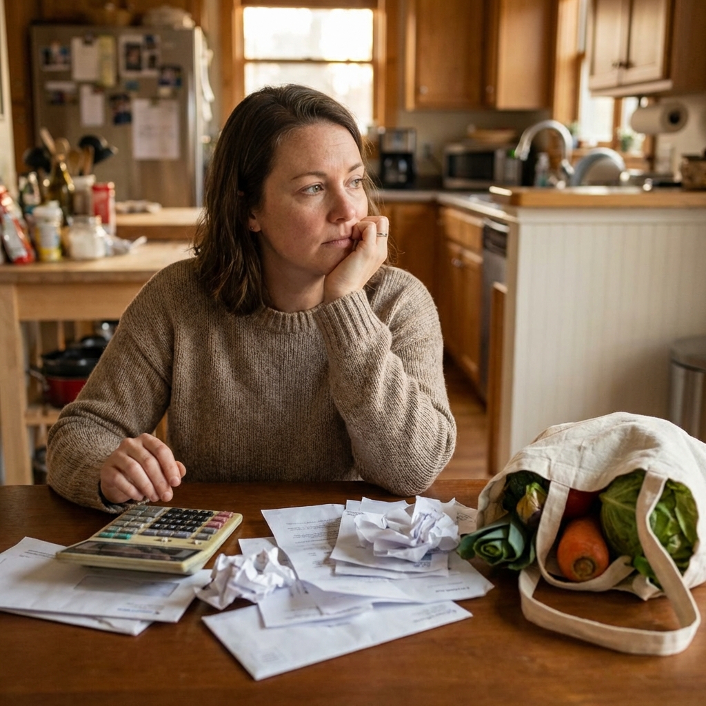 A lifestyle photography of a woman sitting at a dining table with a calculator, a stack of bills, and a half-empty grocery bag, warm natural lighting, realistic setting, 1:1 aspect ratio, no visible text