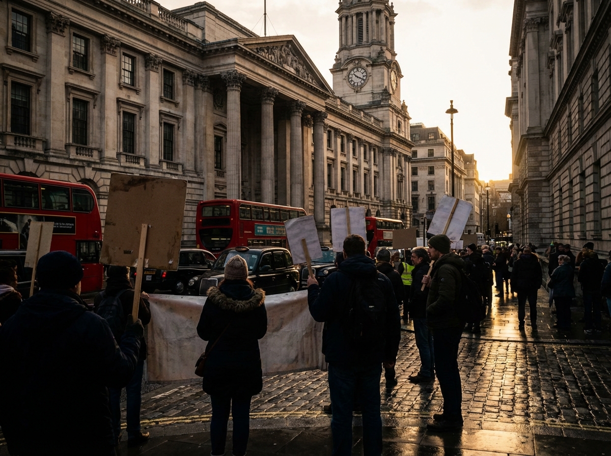 Protesters outside a grand government building in London holding signs about corporate accountability and big tech influence, high contrast, cinematic lighting, 4:3, no text