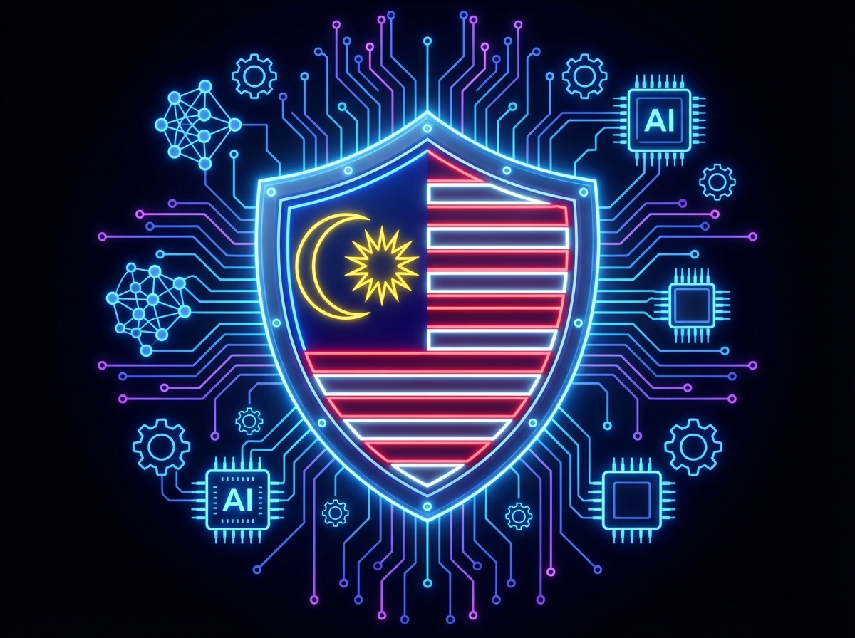Malaysian flag with a glowing digital shield and AI symbols, high contrast, clean infographic, 4:3, no text