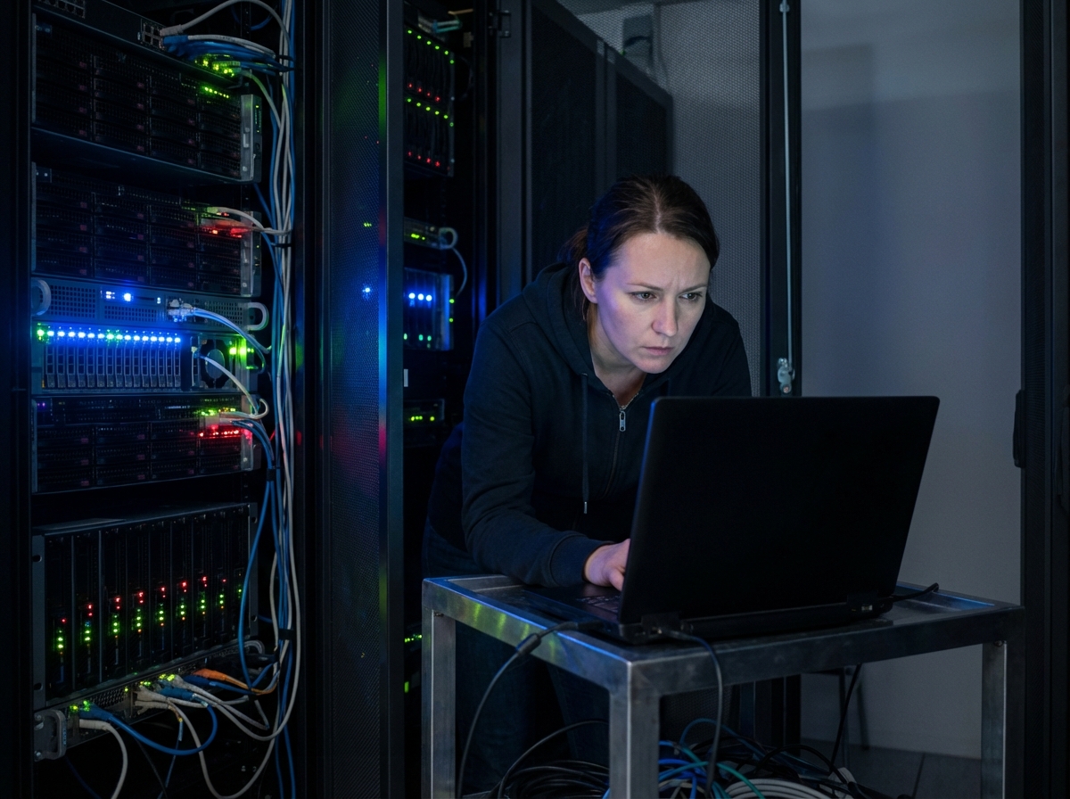 A female cybersecurity expert in a dark room with server lights, realistic photography, 4:3, no text