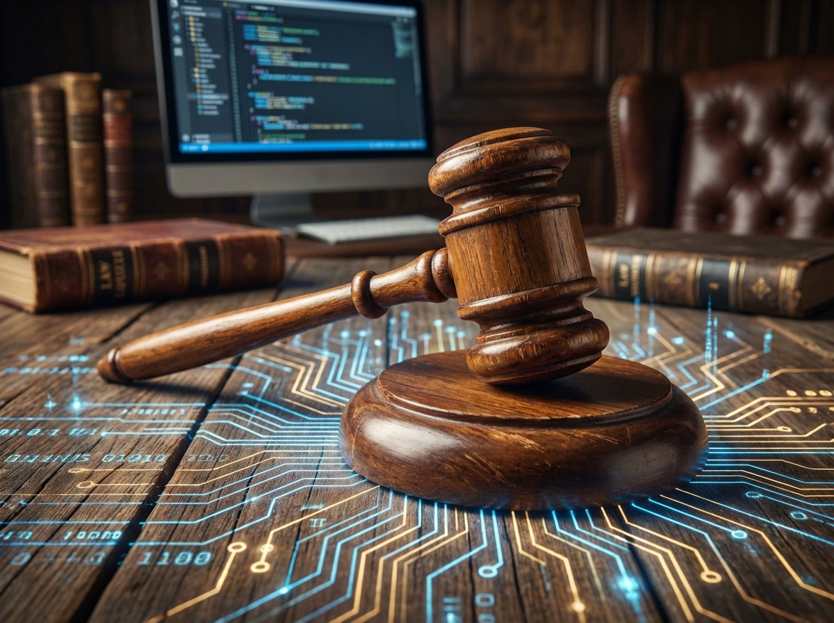 A wooden gavel on a table with digital circuit patterns on the surface, legal and technology fusion, 4:3, no text