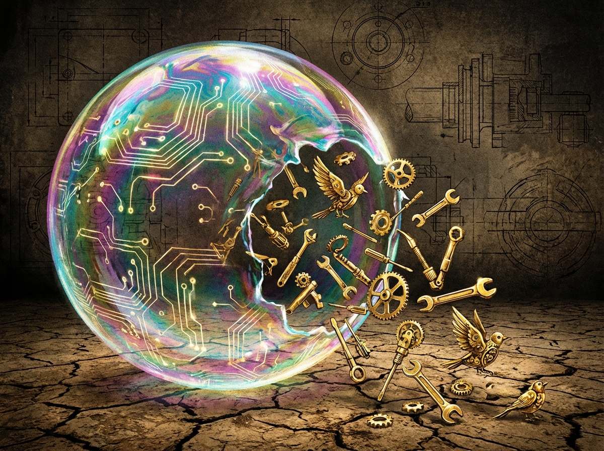 A surreal conceptual illustration showing a large translucent soap bubble with circuit patterns inside it starting to pop, with small useful golden mechanical tools falling out of it onto a solid ground. Artistic rendering, high contrast, textured background, 4:3 ratio, no text.