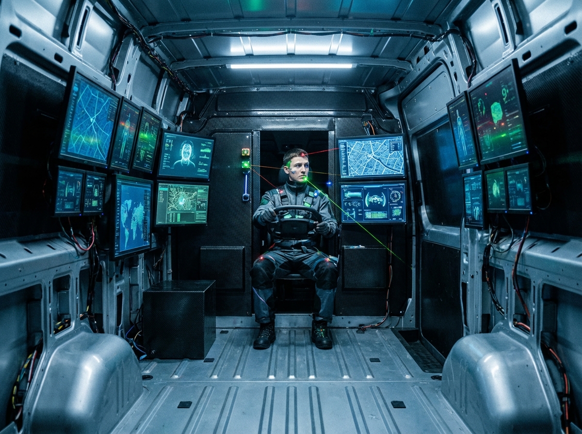 A modern delivery driver sitting in a high-tech van surrounded by multiple glowing screens and monitoring sensors directed at them. The lighting is cold and clinical, high detail, cinematic lighting, 4:3 ratio, no text.