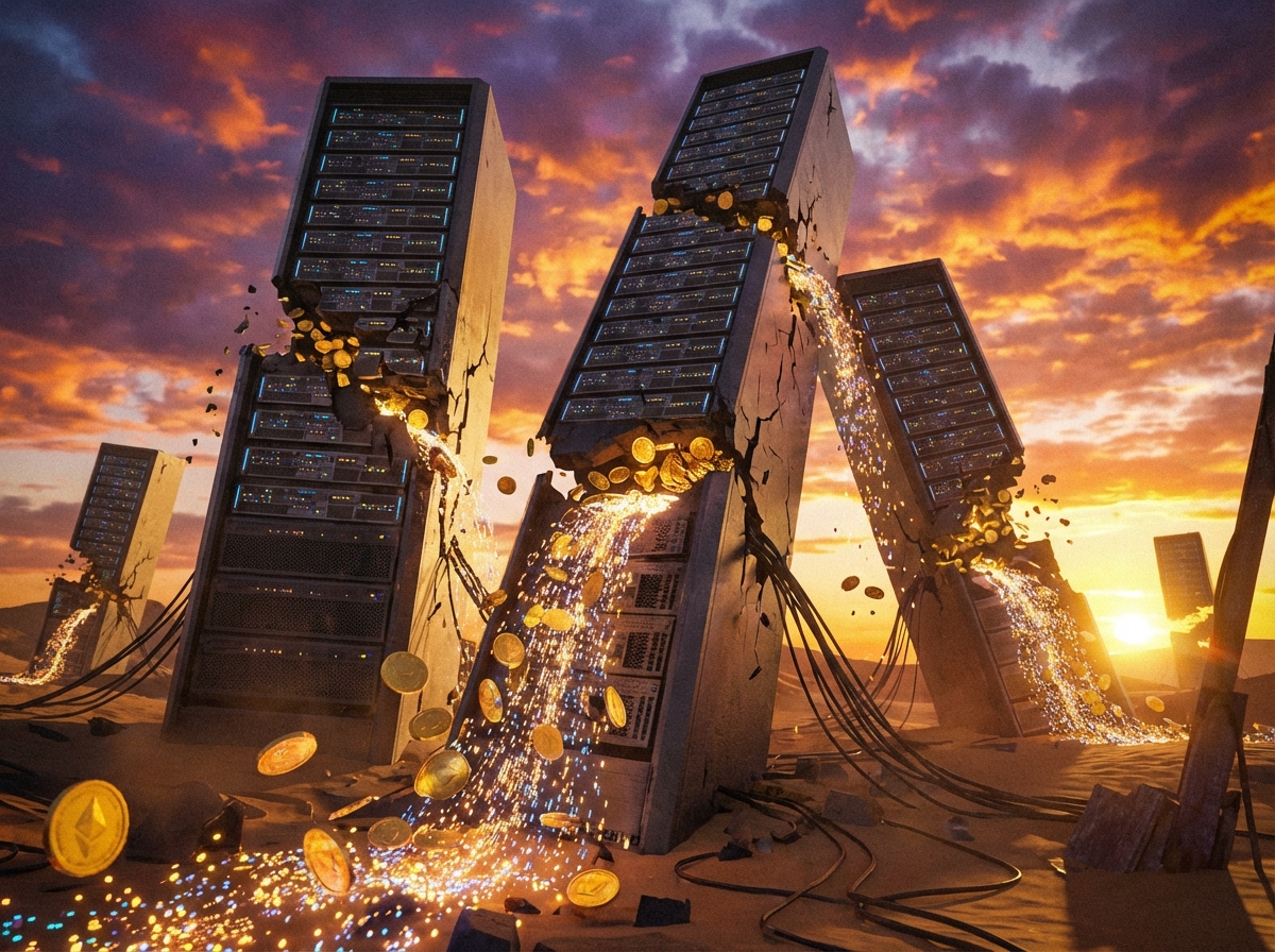 A conceptual landscape where futuristic server towers are tilting and cracking like ruins, with golden coins and digital light particles leaking out. Dramatic sunset lighting, wide angle, 4:3 ratio, no text.
