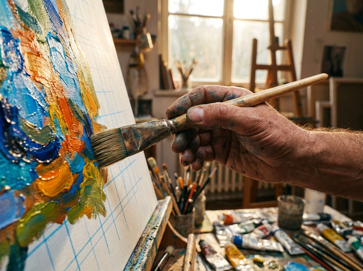 A close up of a human hand holding a traditional paintbrush, painting vibrant colors onto a canvas that has faint digital grid lines underneath. Warm natural lighting, artistic studio setting, 4:3 ratio, no text.