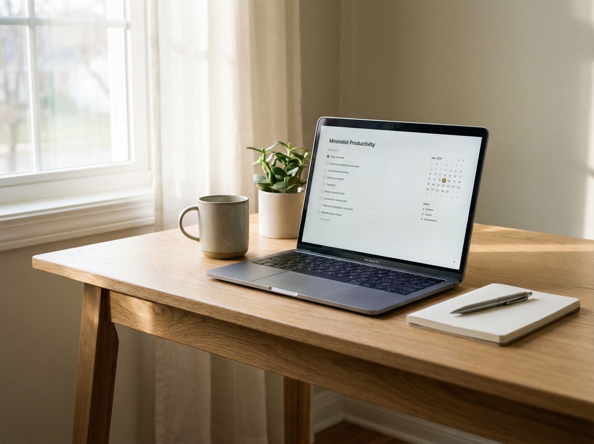 A clean and organized wooden desk with a laptop showing a simple productivity interface. Soft morning light through a window, minimalist aesthetic, lifestyle photography, 4:3 ratio, no text.