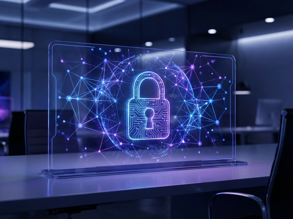 Private AI assistant concept, sleek digital lock integrated with a neural network, futuristic blue and purple color palette, professional lighting, 4:3, no visible text