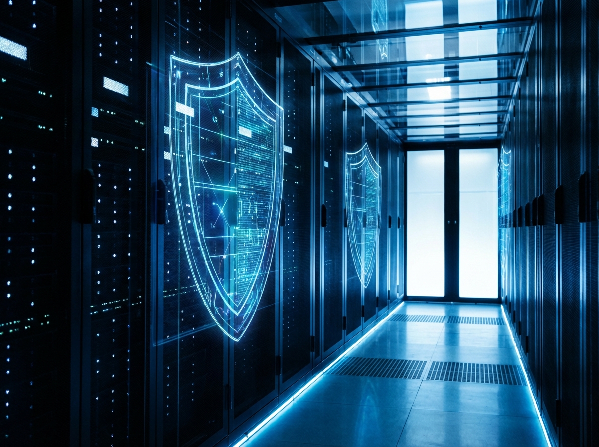 Modern data center interior with glowing blue digital shields, futuristic server racks, high contrast, clean layout, cinematic lighting, 4:3, no visible text