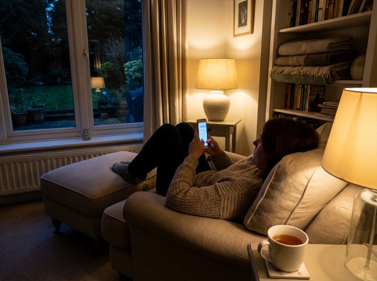 A person sitting in a cozy private room at night using a smartphone, warm ambient lighting, peaceful atmosphere, focus on the user experience, 4:3, no visible text