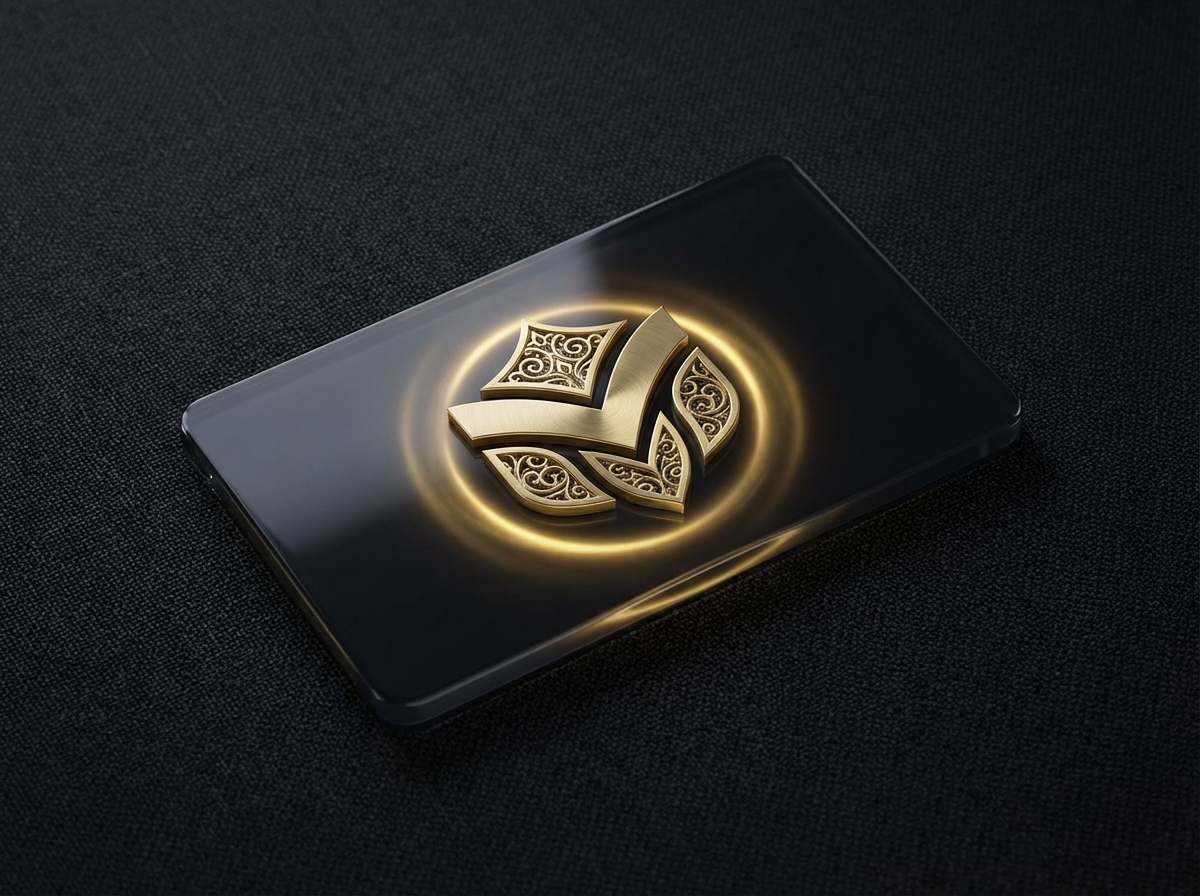 Luxury digital membership card icon with golden glow, dark textured background, elegant composition, high quality rendering, 4:3, no visible text