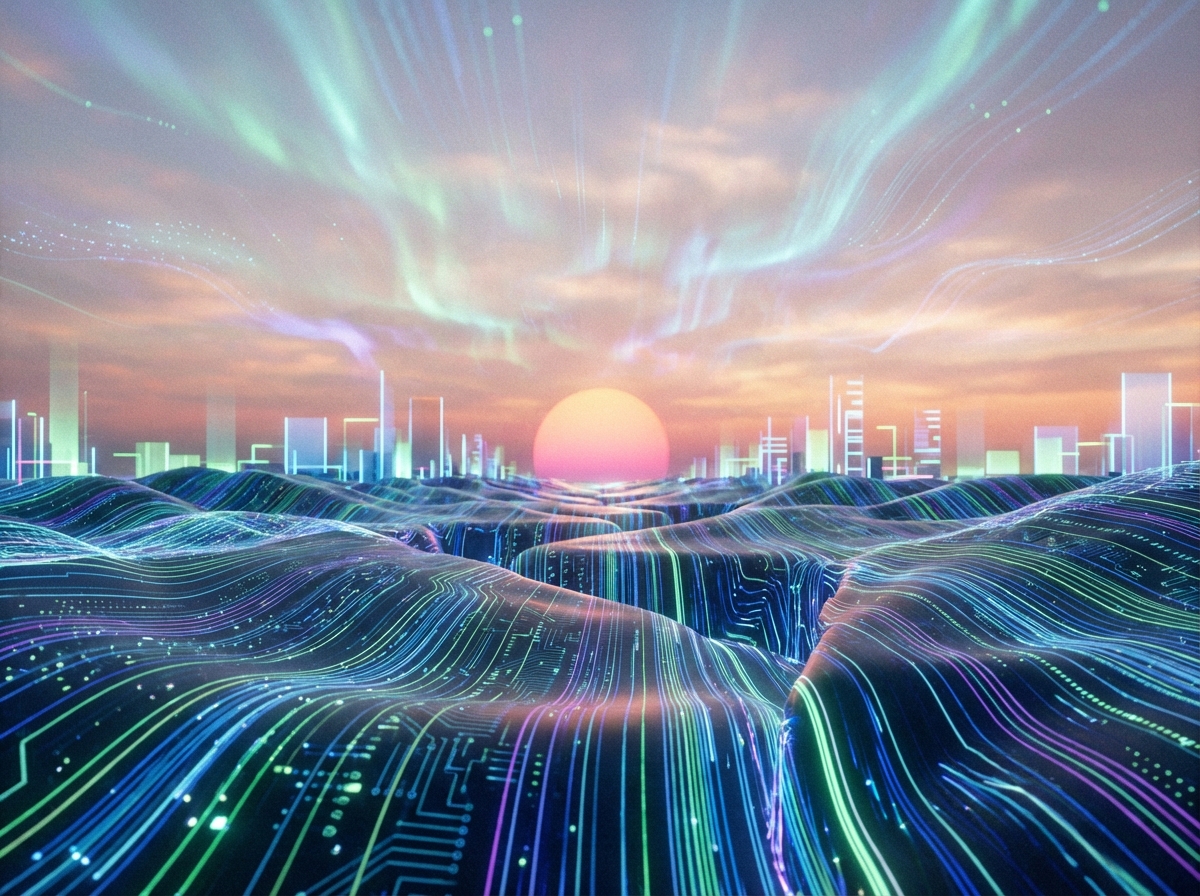 Sunset over a vast digital landscape, futuristic horizon with soft glowing lines, calm and hopeful atmosphere, high resolution, 4:3, no visible text