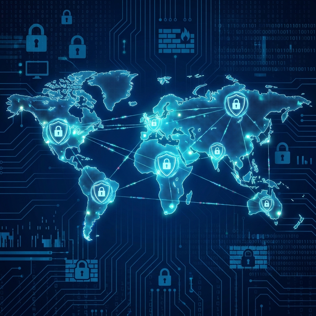A high-tech digital world map with glowing connection lines and shield icons representing information security, dark blue background with cyber security elements, 1:1, no text