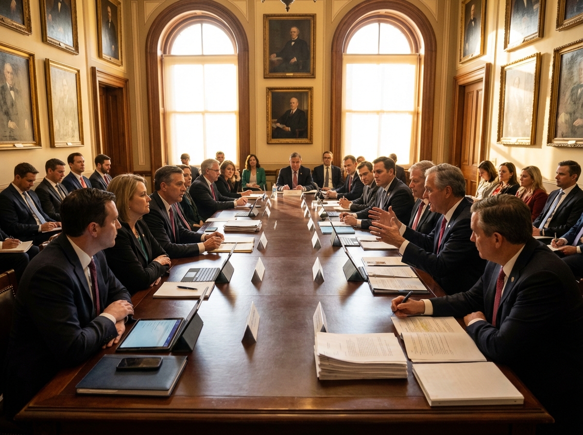 A grand, classical government committee room with professional politicians in discussion, tablets and documents on a large wooden table, warm sunlight, realistic photography, 4:3, no text