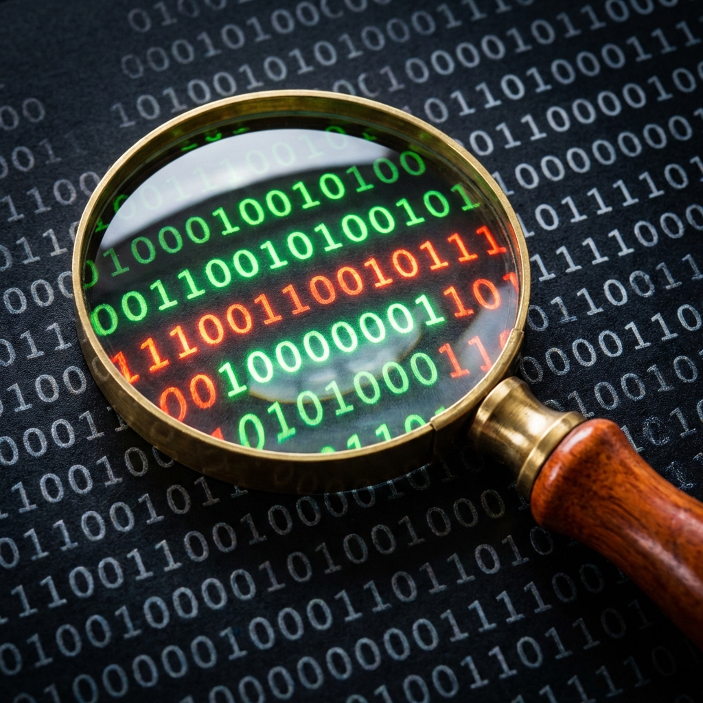 A close up of a magnifying glass inspecting a stream of binary code 0s and 1s, some parts glowing green for truth and red for fake, high contrast, clean design, 1:1, no text